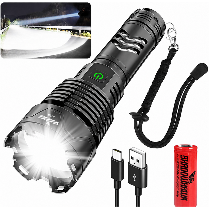Ліхтарик Shadowhawk LED XHP160.2 50000 Люмен, акумуляторний, тактичний, водонепроникний IP67, USB-зарядка, для кемпінгу та активного відпочинку, чорний