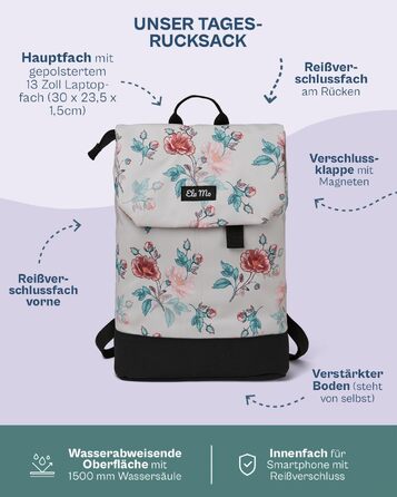 Жіночий рюкзак Ela Mo Daypack для ноутбука — протикрадіжний міський рюкзак для навчання, офісу та бізнесу (Roses For You)
