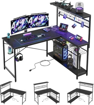 Ігровий стіл Bestier L-подібний кутовий, 130 см, з LED-підсвіткою, розетками, 4 полицями, підстаканником та гаками, вуглецеве покриття, чорний