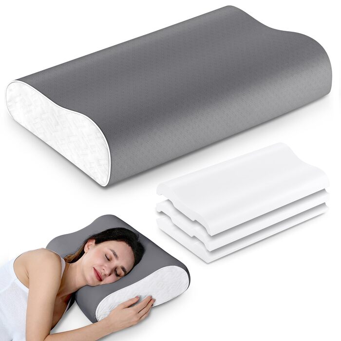 Подушка ортопедична Elviros з піною Memory Foam для сну на боку та спині, регульована, знімний чохол сірий