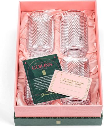 Набір склянок GLASSIQUE CADEAU Vintage Flamingo для коктейлів, 340 мл, 4 шт – кришталеві лонгдрінк та хайбол для Мохіто, Кайпірінья, тропічних і тіки коктейлів