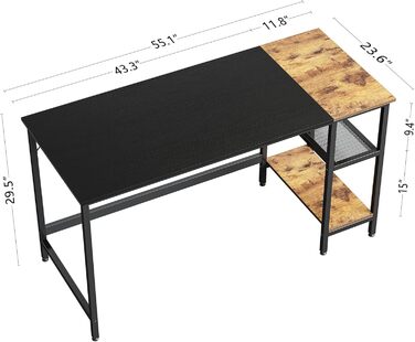 Стіл CubiCubi комп'ютерний з полицею справа або зліва, 140x60 см, офісний стіл для робочого місця, індустріальний дизайн, міцна сталева рама, чорний/коричневий