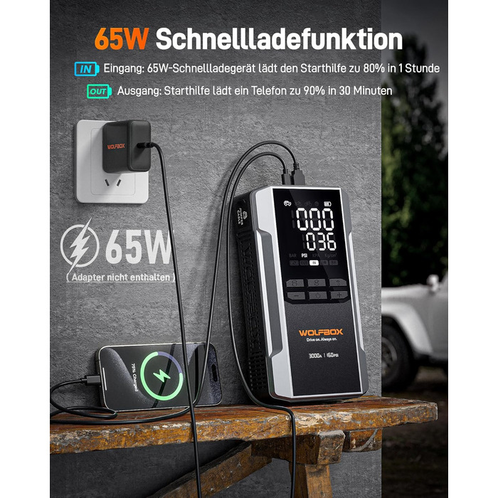 WOLFBOX 4000A: Пускозарядний пристрій з компресором 160PSI, 12V, 65W, 88.8Wh для бензин/дизель, LED-ліхтар, кабелі
