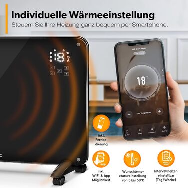 Електричний скляний конвектор TRESKO 2000Вт з WiFi, сенсорним керуванням і LCD-дисплеєм, настінний або підлоговий, чорний