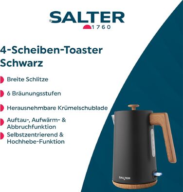 Тостер SALTER Toronto 4-слоти: розморожування, підігрів, автоматичне центрування, 6 рівнів підсмажування, чорний