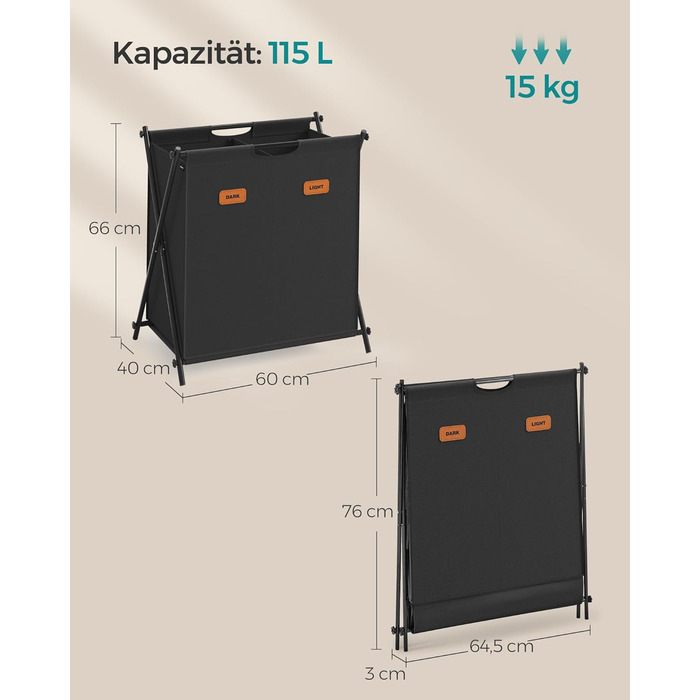 Кошик для білизни SONGMICS 115 л, 2 відділення, складаний, чорний, з етикетками, для ванної, спальні, пральні