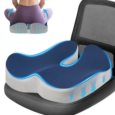 Подушка ортопедична для офісного крісла Lofty Aim з піни Memory Foam: підтримка попереку, куприка, зняття болю, для офісу, авто, літака, інвалідного візка – чорний, синій та сірий