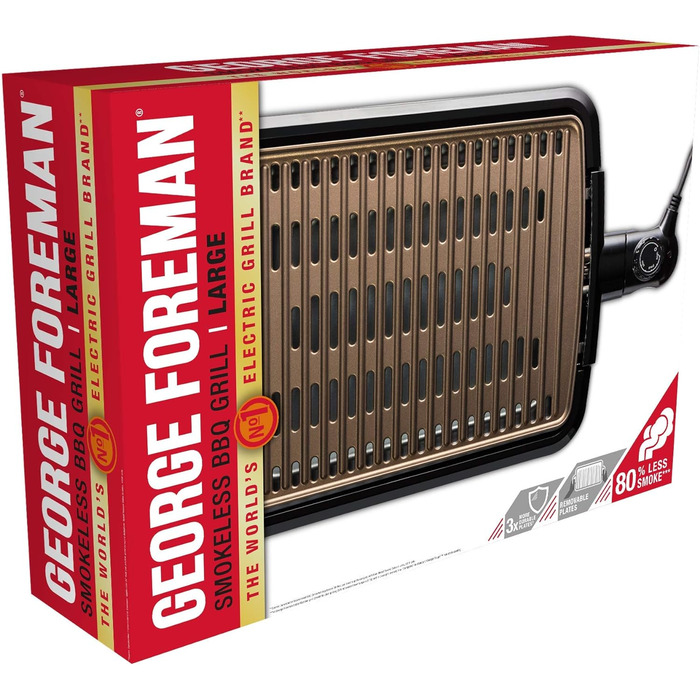 Електричний гриль George Foreman Smokeless для дому, бездимний, антипригарний, з піддоном для жиру, регулятором температури, вертикальне зберігання, модель 25850-56