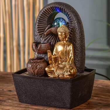 Джерело води Zen'Light від Zimmerbrunnen з Буддою та LED-підсвічуванням. Сучасна декорація для медитації та релаксації. Об'єкт Фен-Шуй, висота 26 см, колір горіх (Bhava)
