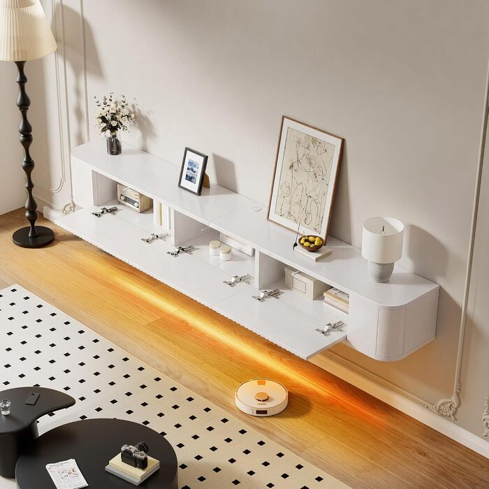 Підвісний TV-тумба YITAHOME 140 см з RGB LED підсвіткою, біла глянцева медіаконсоль для вітальні та спальні (180x25x20 см)