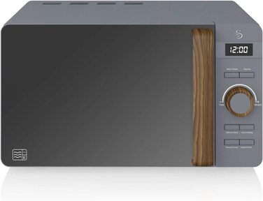 Мікрохвильова піч Swan Nordic 20 л, 800 Вт, 6 режимів, таймер 30 хв, розморожування, легке очищення, сучасний дизайн, сірий з дерев'яним ефектом