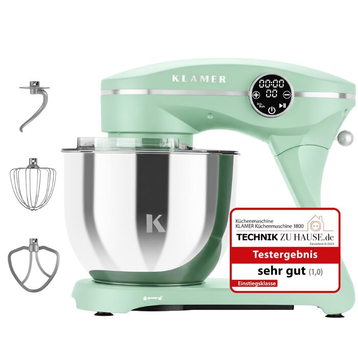 Кухонний комбайн KLAMER 1800W, планетарний міксер для тіста з чашею 6л з нержавіючої сталі, 10 швидкостей, таймером та набором насадок (Premium Mint)