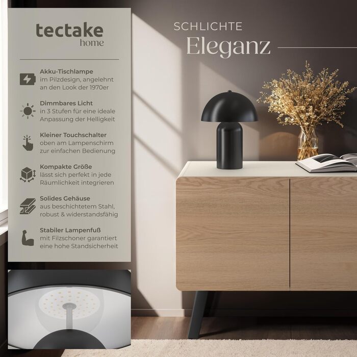 Бездротова настільна лампа tectake у вінтажному стилі «Гриб» — ретро-нічник та лампа для читання, чорна