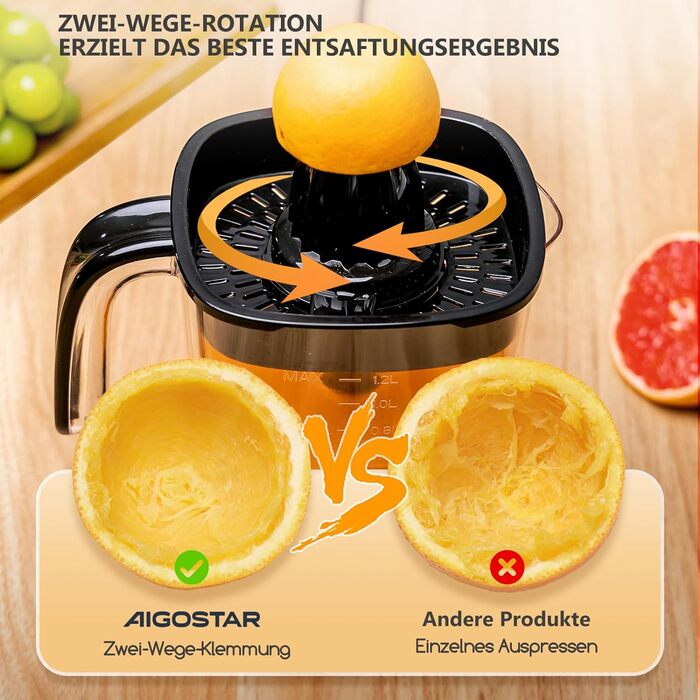 Aigostar Juicy електрична цитрусова соковижималка 1,2 л з LED-підсвіткою, 2 конуси, для апельсинів, лимонів, лаймів, грейпфрутів, 40 Вт, підходить для посудомийної машини