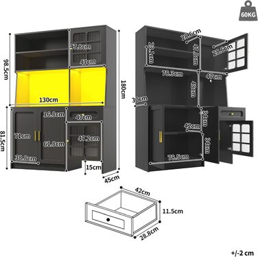 Кухонна шафа-буфет з LED-підсвіткою, висока шафа-сервант з 4 дверцятами та 3 шухлядами для кухні, вітальні та їдальні, 120 x 40 x 179 см, чорний