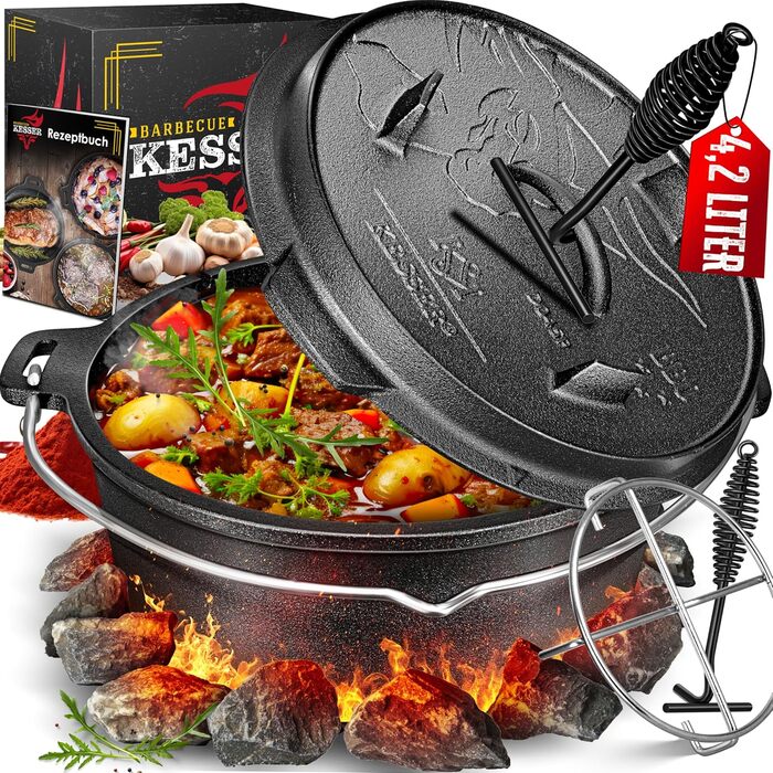 Набір голландських казанів KESSER® BBQ: голландський казан, посуд для приготування на грилі, котел для гуляшу, чавунний посуд з кришкою та термометром (4.2 л)