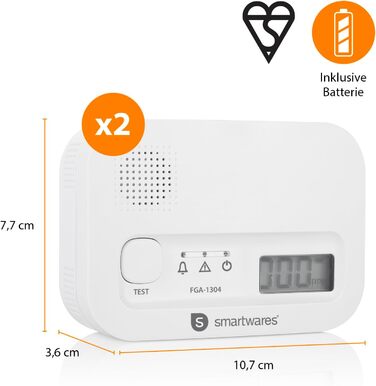 Smartwares Ко-Детектор диму та вуглецю - 85 дБ - Датчик 10 років - Повідомлення через додаток - Кнопка тесту та безшумний режим - FGA-13800, на батарейках, білий (Батарея 3 роки, подвійний набір)