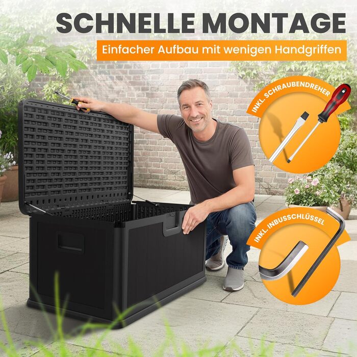 Водонепроникний садовий ящик Gartenbox 375L чорний - велика коробка для зберігання речей на вулиці, для подушок, садових меблів, посилок
