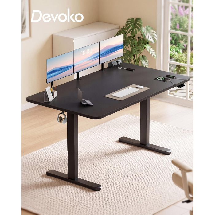 Електричний підйомний стіл Devoko 160x80 см, регульований по висоті письмовий стіл на двох моторах з сенсорним керуванням, кабельною системою та розеткою (Чорний)