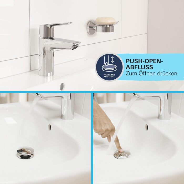 Змішувач для ванної кімнати Grohe Start, економічний, з холодною водою в середній позиції, з висувним зливом, 17 см, хром, 23551002 (Push-Open, економія води)