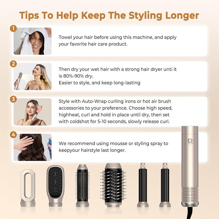 UKLISS Hairstyler 6 в 1: Професійний набір для укладки волосся (фен-щітка, плойка, випрямляч) 1000W, срібно-золотий