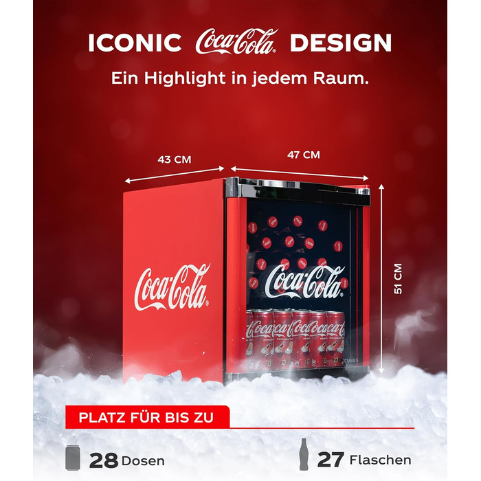 Міні-холодильник для напоїв °CUBES Original Red (48л) зі скляноюю дверцятою, енергоефективний та безшумний, для офісу, геймінгу та вечірок