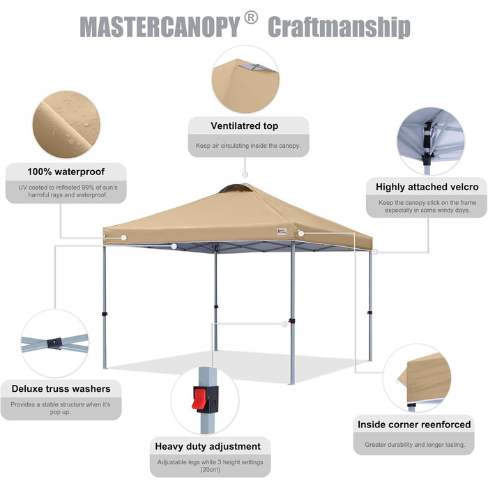 Тент-шатер MasterCanopy 3x3 м з швидким розкладанням, UPF50+, водонепроникний, з сумкою та 4 мішками для піску для кемпінгу, заходів, саду