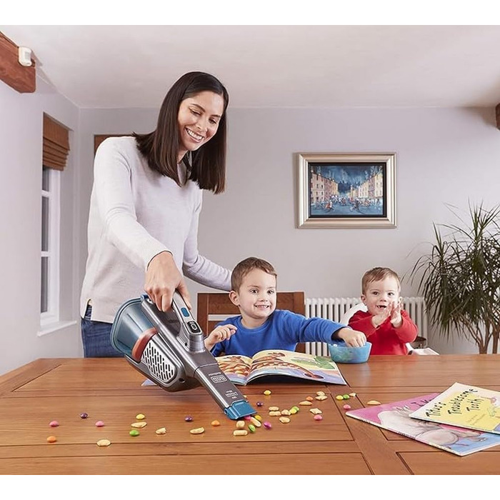 Акумуляторний ручний пилосос BLACK+DECKER Dustbuster Smart Tech 18 В, 36 Вт·год, циклонний, 2 режими, витяжна щілинна насадка, зарядна станція, настінне кріплення, титан/срібло/синій