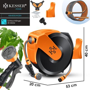 Шланг для поливу KESSER® настінний, автоматичний, 20м (чорний/помаранчевий) з функцією 7 режимів