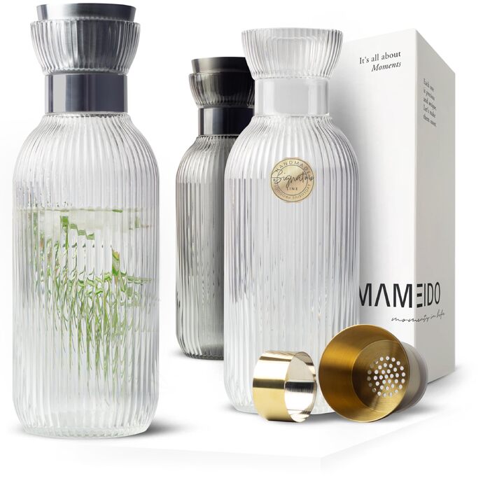 Скляний гріфі-графін для води MAMEIDO з ситом та носиком, 1.5 л, кришталеве скло, Crystal Silver