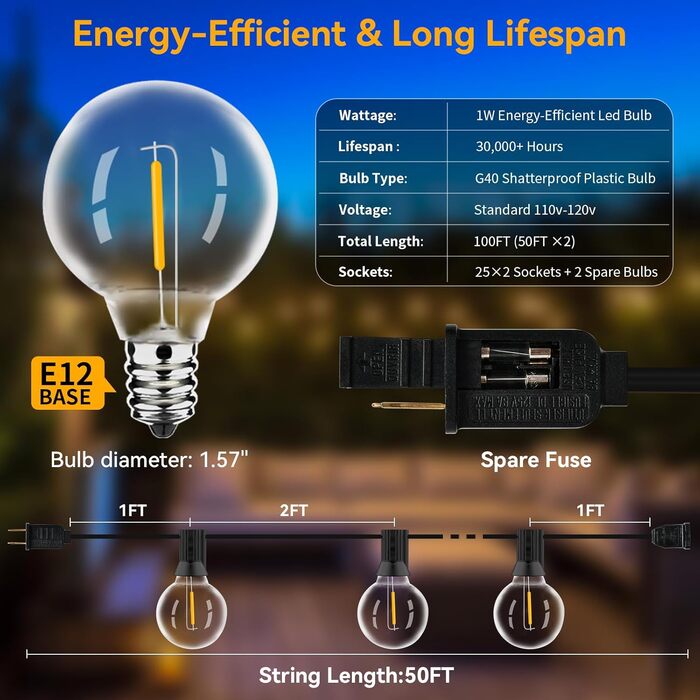 Гірлянда світлова LED 30,5м для вулиці, димована, G40, 52 лампи, вологозахищена, куляста форма, тепле світло 2700K