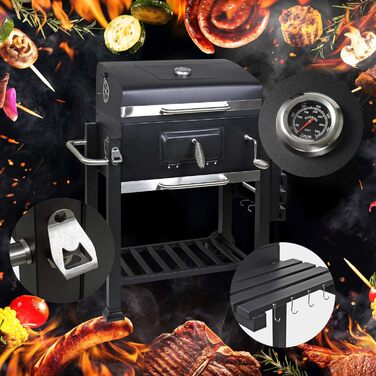 Гриль-возок на дровах BBQ з кришкою, полицею та регульованою дверцею для вугілля, термометром та регулюванням висоти