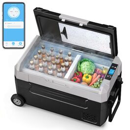 Автомобільний холодильник KROAK 35л з Bluetooth, двозонний (-20°C/+20°C), 12/24/230V. Для кемпінгу, авто, вантажівок, будинків на колесах. З колесами, перегородкою та обробною дошкою.
