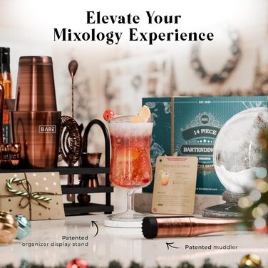 Набір бармена Bare Barrel Pro Mixology: 14 предметів, Boston Shaker (28oz), стійка, 35 рецептів, подарунковий набір