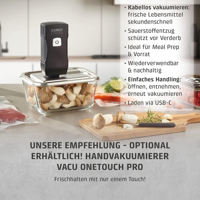 Вакууматор CASO Vacu OneTouch Eco-Set: бездротовий ручний пристрій з 3 скляними контейнерами, 10 ZIP-пакетами та стікерами Food Manager, акумуляторний, чорний