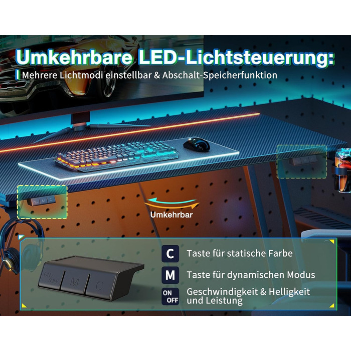 Ігровий стіл ODK 80x50 см з LED підсвіткою, чорний карбон: стіл для геймерів з тримачем для навушників та підставки для напоїв