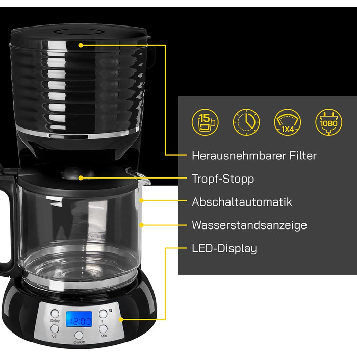 Кавоварка GUTFELS COFFEE 3300 C фільтраційна, 15 чашок, 1x4, з таймером, підтримкою тепла, 1080 Вт, LED-дисплей