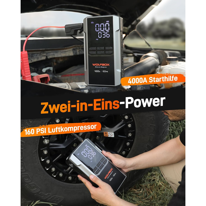 WOLFBOX 4000A: Пускозарядний пристрій з компресором 160PSI, 12V, 65W, 88.8Wh, для бензинових/дизельних двигунів 10L, LED-ліхтар, кабелі для пуску