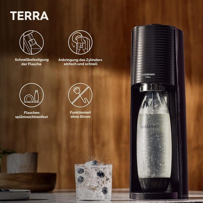 Сифон для газування води SodaStream Terra Black Value Pack: 3 пляшки (2x2.1л, 1x0.5л) зі склокераміки, циліндр Quick Connect, чорний