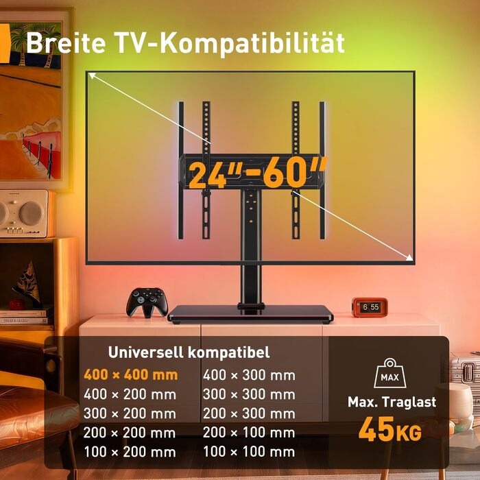 Універсальна підставка для телевізора Perlegear PGTVS49B з LED-підсвіткою, для діагоналі 24–60 дюймів