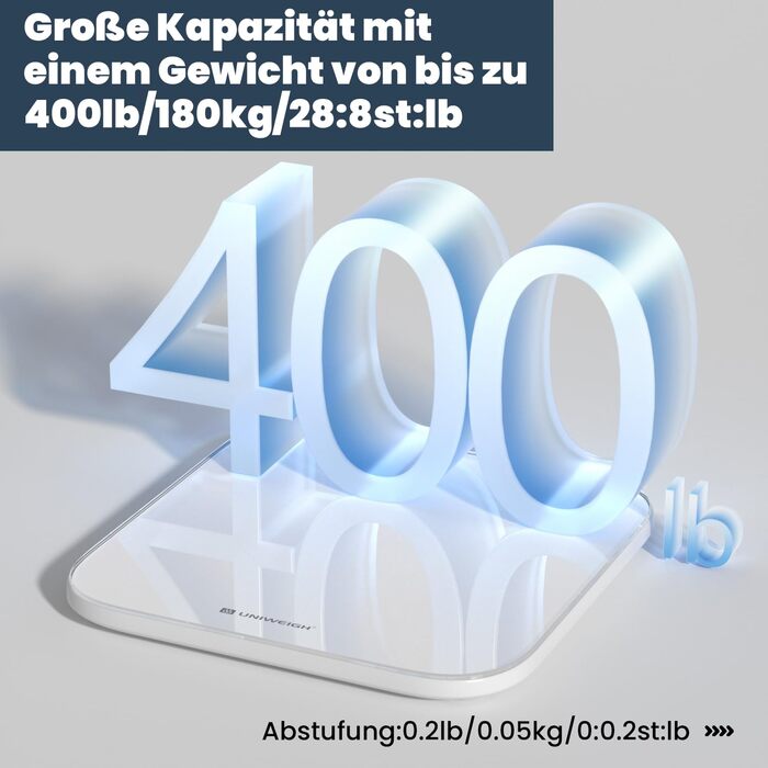 UNIWEIGH цифрова вага для тіла, високоточна до 180 кг, скляна платформа, LED-дисплей, Step-on, 3 одиниці виміру, батарейки в комплекті, біла