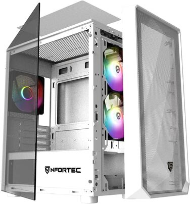 Nfortec DYS ігровий корпус для ПК Mini Tower (MATX), 3x 120 мм ARGB вентилятори, металева сітка, скляна бічна панель, білий