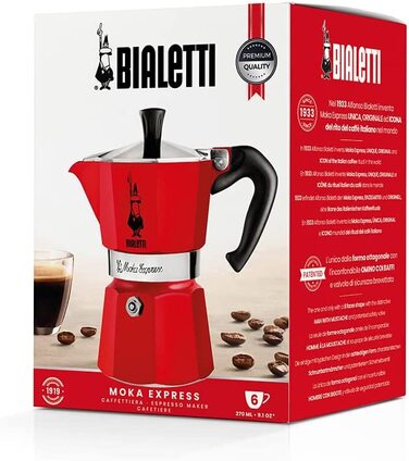 Bialetti Moka Color - іконічна гейзерна кавоварка для плити, 6 чашок, 270 мл, алюміній, червона, для справжньої італійської кави