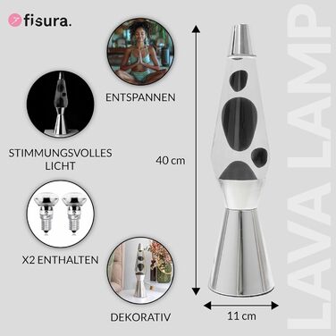 Лава-лампа Fisura чорного кольору з хромованою підставкою та прозорою рідиною, ретро-нічник (40 см), з запасною лампою