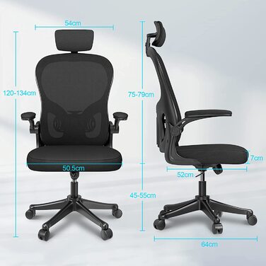 Офісний стіл Ergonomischer Bürostuhl з дихаючою сіткою, регульовані підлокітники, підголівник, поперекова підтримка, регулювання висоти, поворотний стілець на 360°, темно-чорний