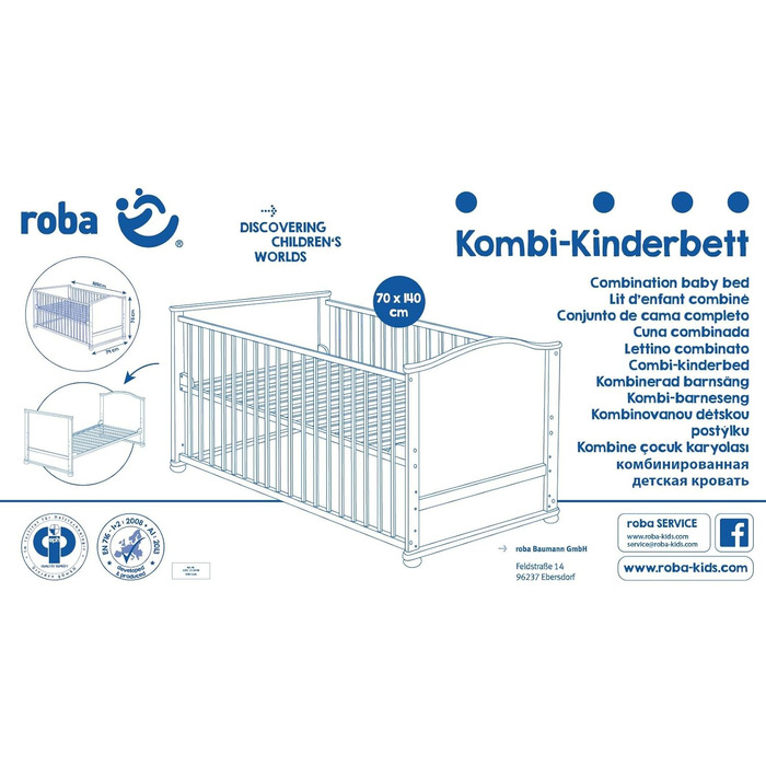 Дитяче ліжечко roba Fox & Bunny 70x140 см, біле дерево, комплект з постільною білизною, балдахіном і матрацом, регульоване, трансформується в юніорське ліжко