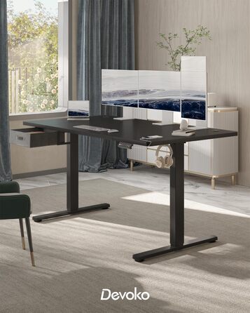 Регульований стіл Devoko 160x80 см з висувними ящиками, USB-порт, органайзер для кабелів, стіл для комп'ютера з 3-ма режимами пам'яті, білий (чорний)