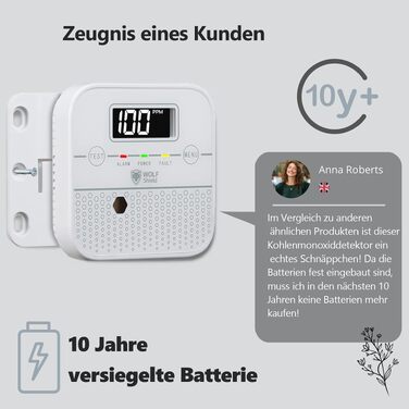 Детектор чадного газу WOLF SHIELD Mini-CO з LCD-дисплеєм та батареєю на 10 років, портативний датчик CO для дому, білий