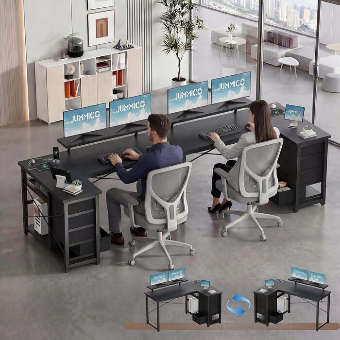 Кутовий комп'ютерний стіл L-подібний JUMMICO з 4 ящиками, розетками та USB, 140x80 см, чорний