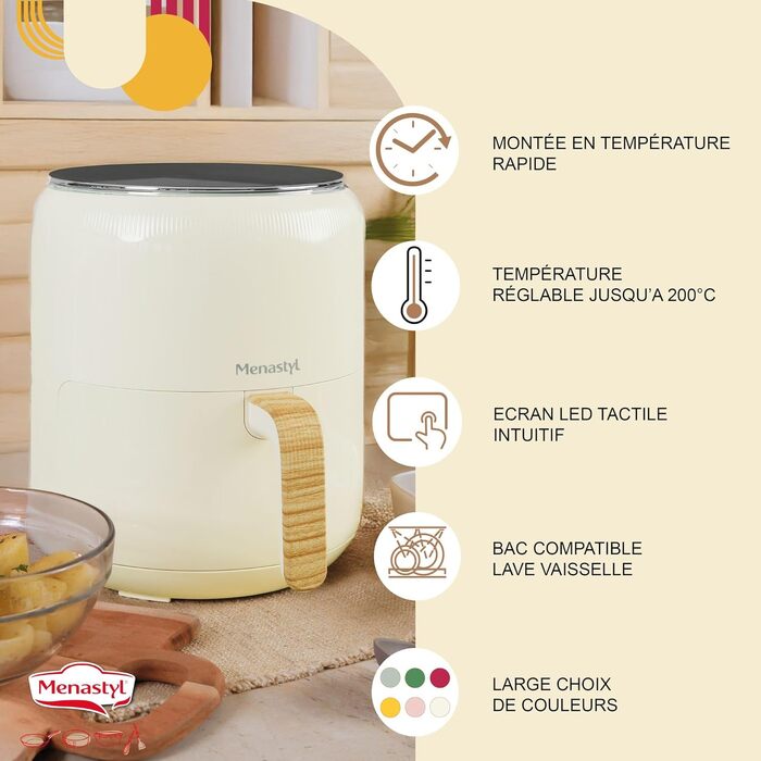 Аерофритюрниця MENASTYL 4,5 л Colorama Cream з дерев'яною ручкою, електрична фритюрниця без олії, 6025004